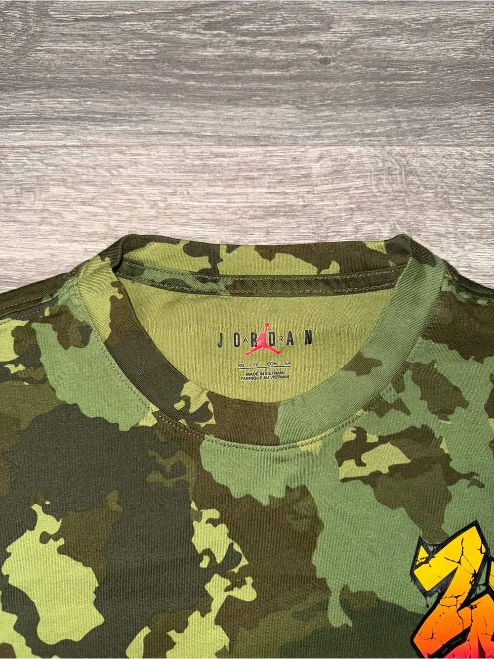 Jordan Green Camo Short Sleeve Tee with Multicolor Chest Graphic